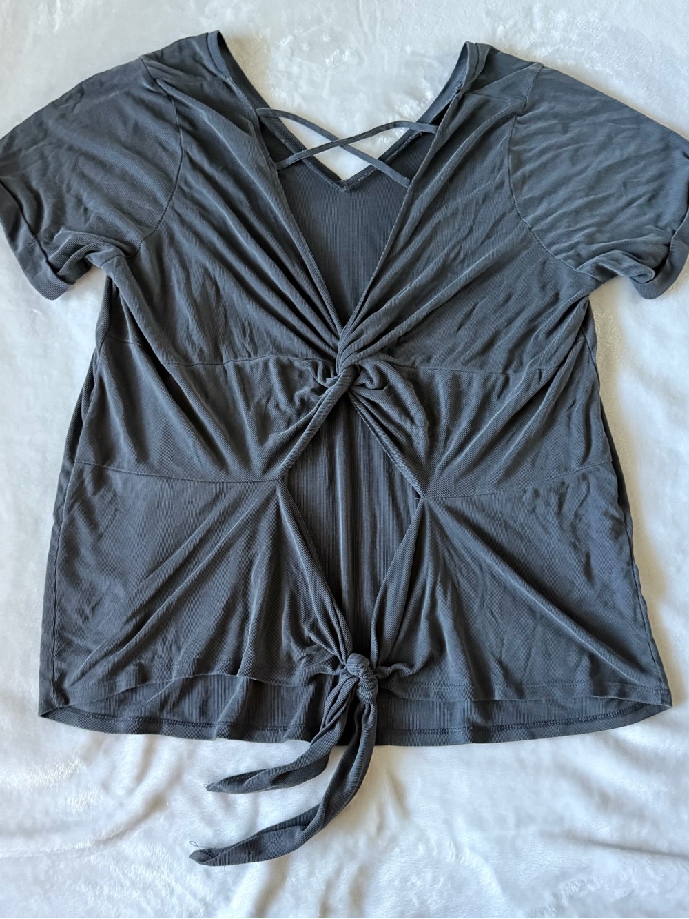 Daytrip Charcoal Gray Short Sleeve Tie-Front Tee